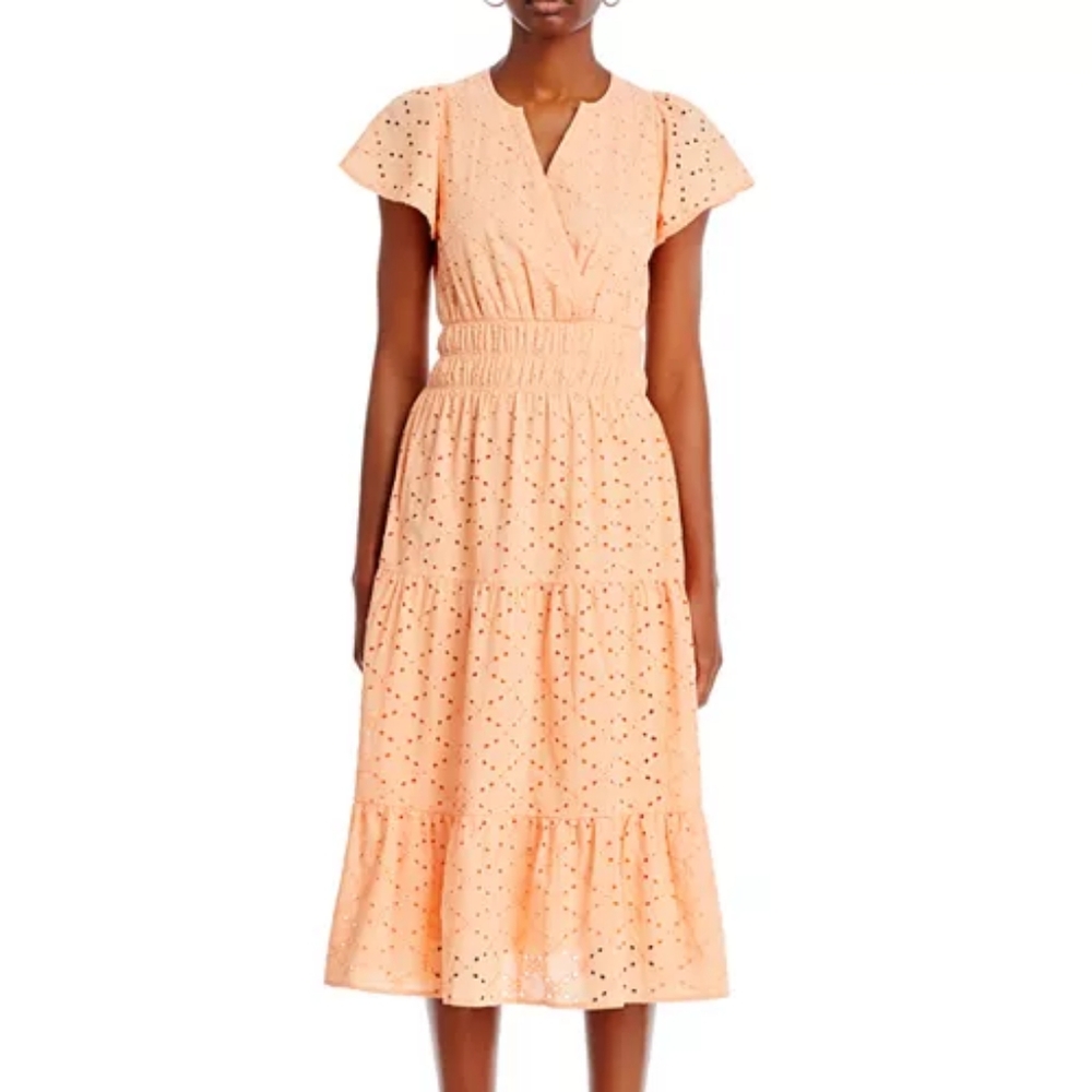 Koko + Mason Eyelet Midi Dress Women’s Smocked Waist Tiered Cotton - Picture 3 of 9